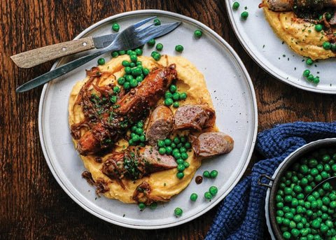 Cumberland Pork Sausages – With Buttery Kumara Mash and Onion Gravy