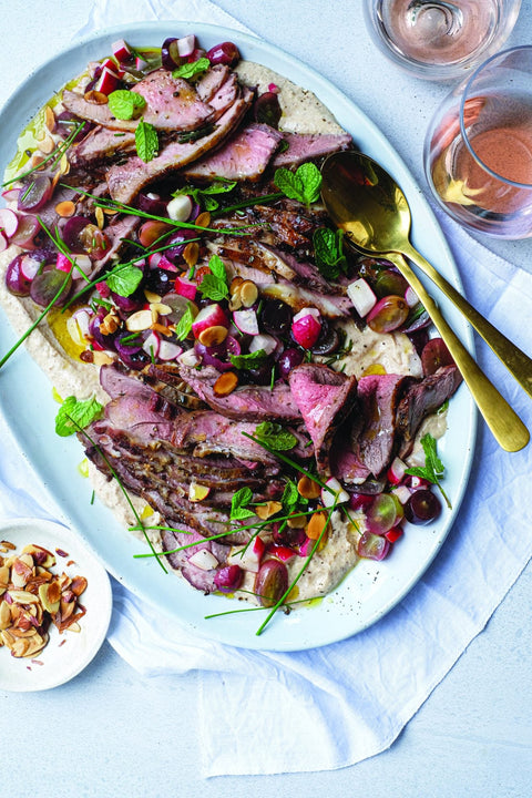 BBQ’D Lamb Leg, With Grilled Grape Salsa and Golden Sourdough Ajo Blanco Style Sauce