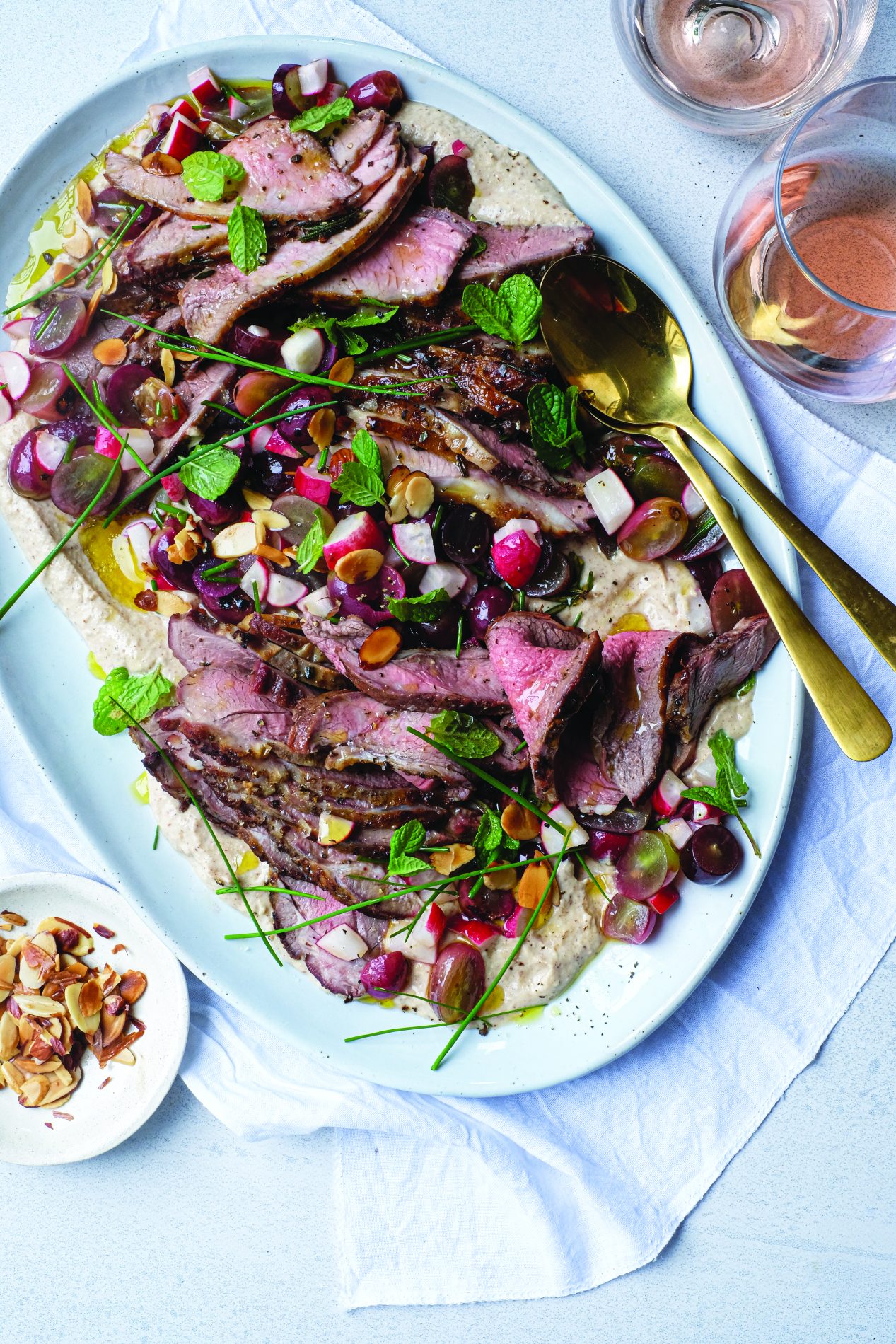 BBQ’D Lamb Leg, With Grilled Grape Salsa and Golden Sourdough Ajo Blanco Style Sauce